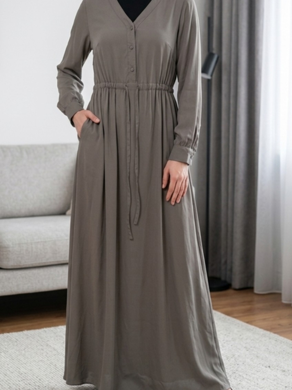 Women's Long Sleeve V-Neck Maxi Dress - Beige